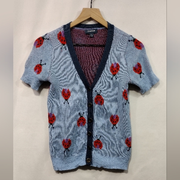 ModCloth Ladybug Knit Short Sleeve Cardigan Sweater Womens S Blue Red Artsy - Picture 2 of 9